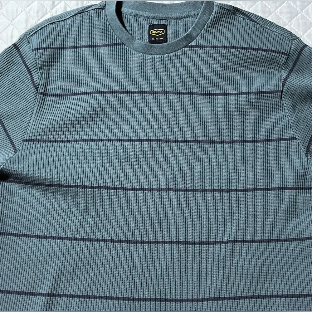 RVCA Day Shift Thermal Stripe Long Sleeve Shirt Men’s XXL Green Blue Waffle Knit